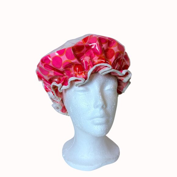 Vinyl Shower Cap Pink Polka Dot Retro 1960s VTG Pin Up Bathroom Hair Mod Glam - Picture 3 of 12